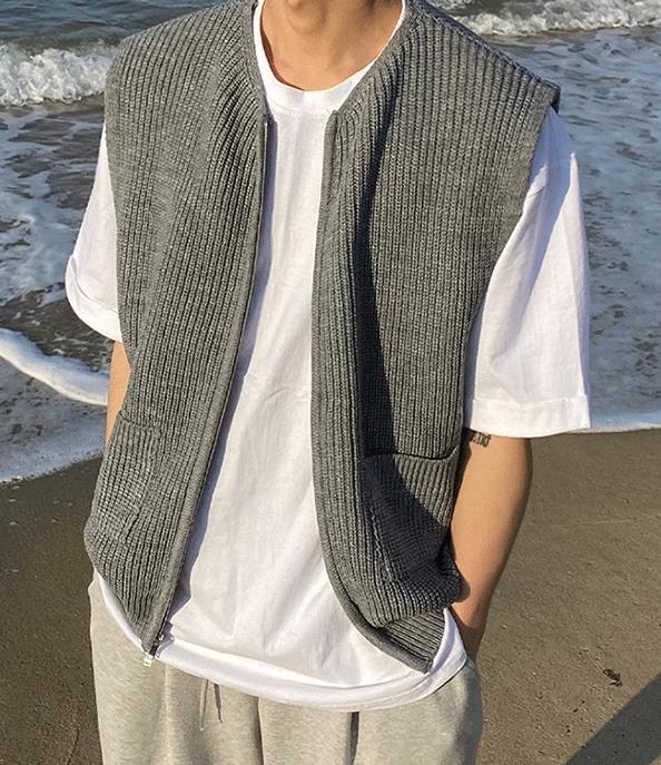  casual вязаный лучший мужской одноцветный передний открытие без рукавов свитер свободно студент осень-зима Корея способ X564