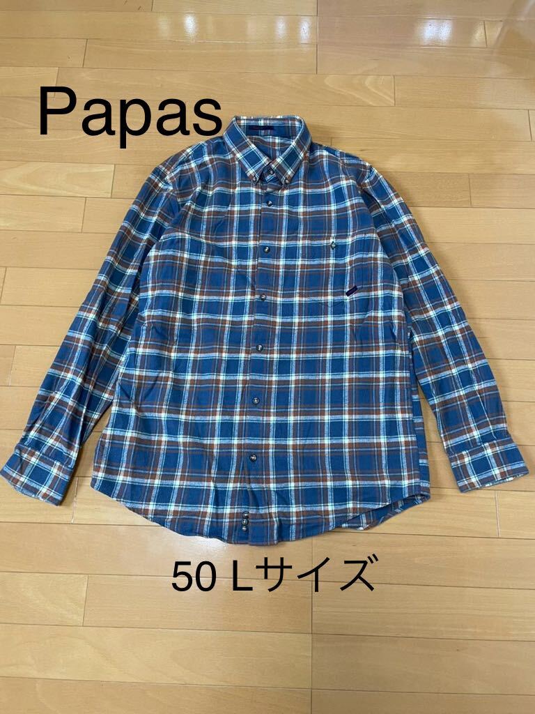 Papas パパス 長袖シャツ チェック柄 メンズ 50Lサイズ 日本製_画像1