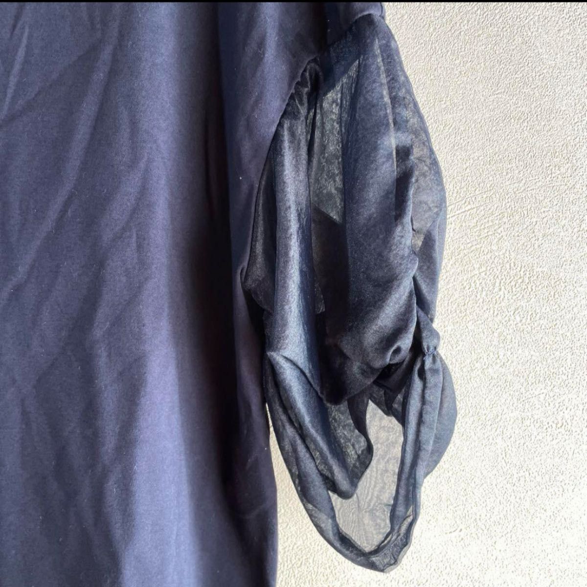 w349 KOKIA コキア【M】シアースリーブカットソー　半袖　オーガンジー　紺色　ネイビー　個性的　おしゃれ　日本製