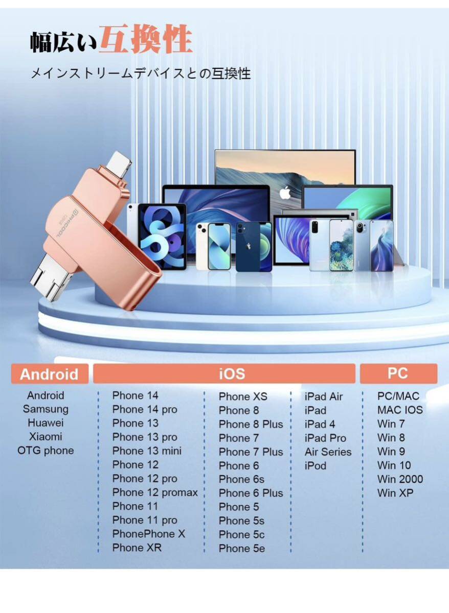 4 in1 usbメモリ【アプリ不要 アルバムから直接保存出来 】 フラッシュメモリ IOS/Android/PC USB3.0高速 ピンク_画像4