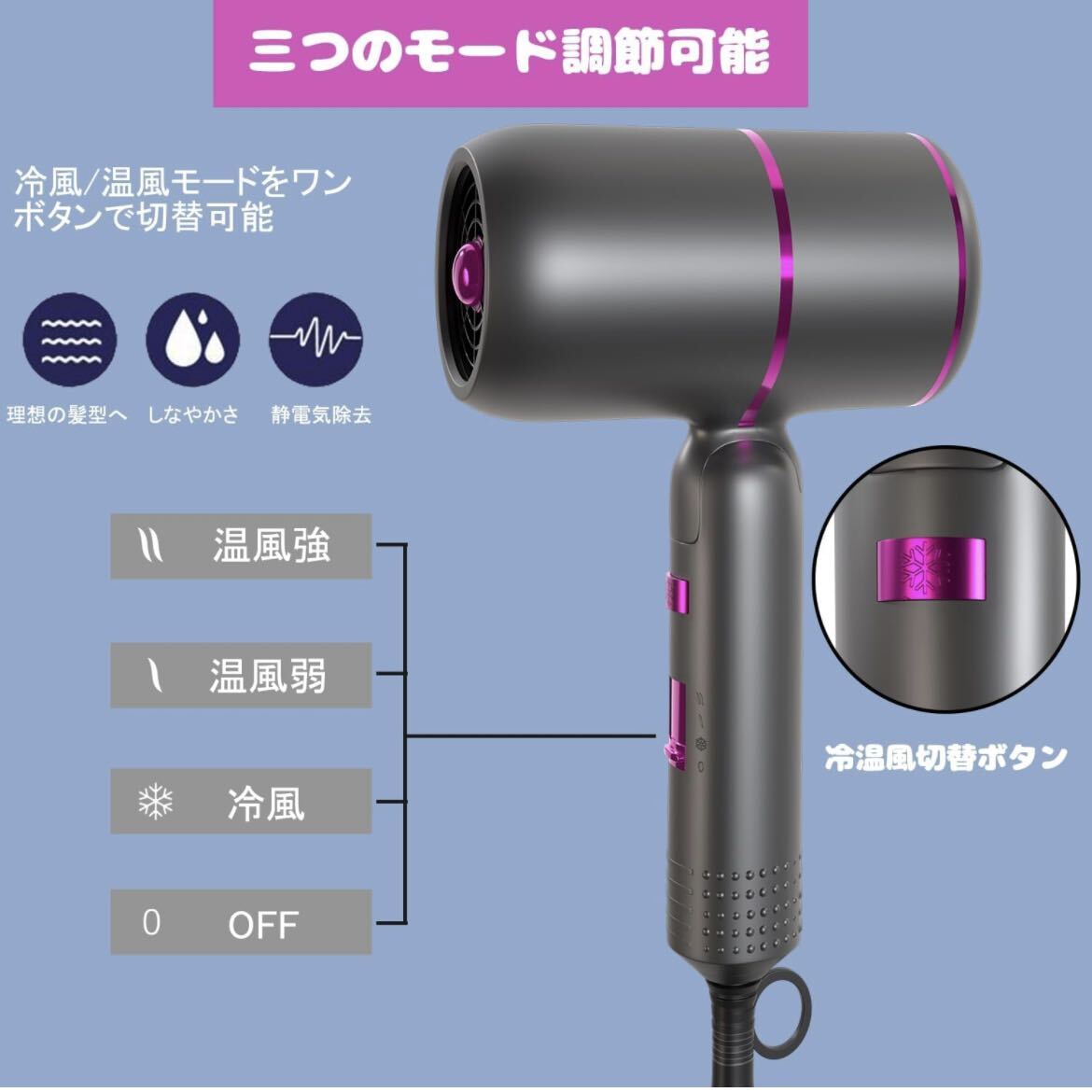 【開封のみ】YAMAIR★ ヘアドライヤードライヤー 大風量 1500W 速乾 静電気除去 3段階風量 マイナスイオン 折り畳み式 2024革新版 送料込_画像6