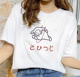 【夏、半袖Ｔシャツ！】レディス　綿１００％　前身頃　ロゴ＆イラスト（羊）プリント　半袖　Tシャツ＜オフ白：Ｌ（フリーサイズ＞04024_画像1