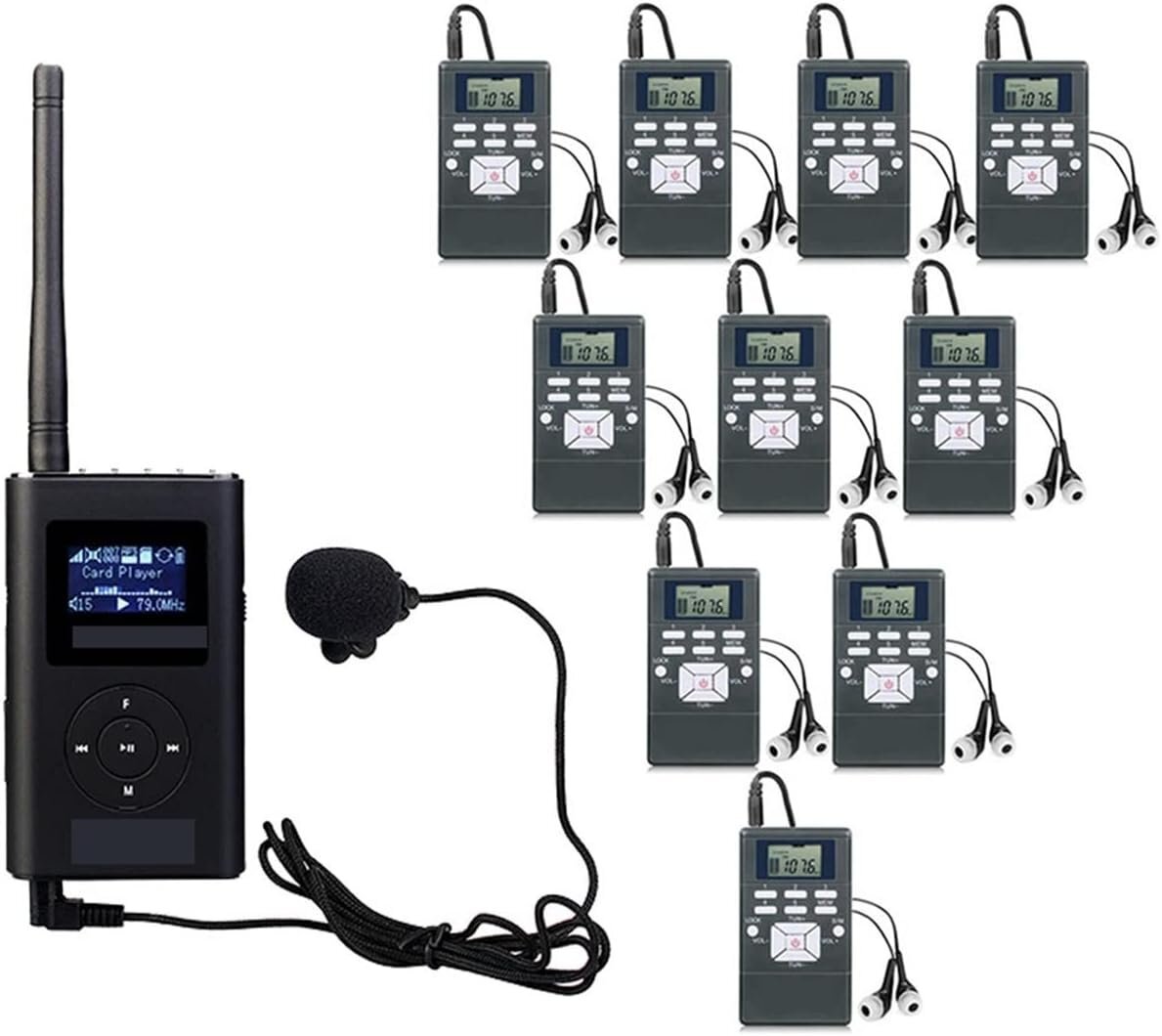 ポータブルラジオ 0。6W 1 FM送信機 TR504 + 10 FMラジオ受信機 PR13教会会議を案内するためのオーディオワイヤレスツアーガイドシステム_画像1