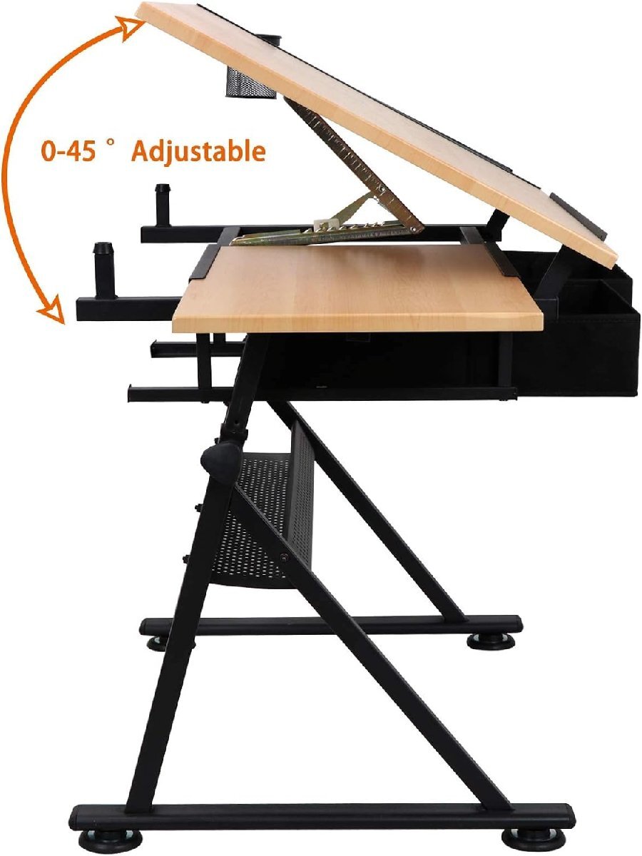 高さ調節可能製図テーブル 製図用デスク チルト可能なテーブルトップ コンボセット スツールと収納引き出し2つ付き アートライティング_画像8