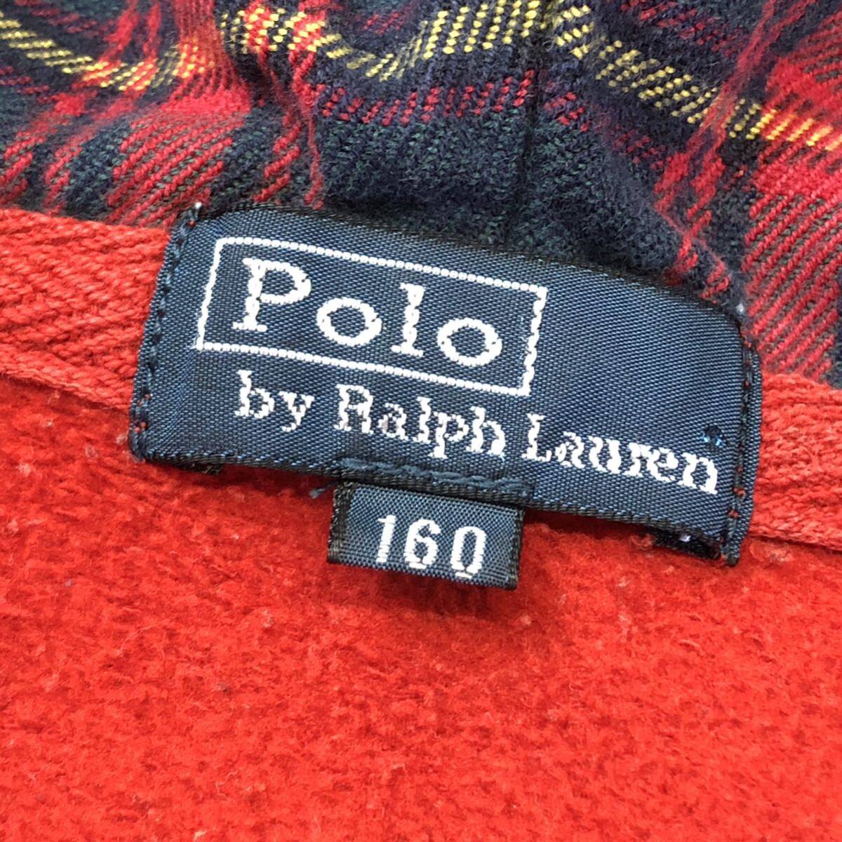 Polo by RALPH LAUREN ポロバイラルフローレン BIG刺繍　ジップアップパーカー　スウェットパーカー　レッド ネイビー刺繍 サイズ160 古着_画像6