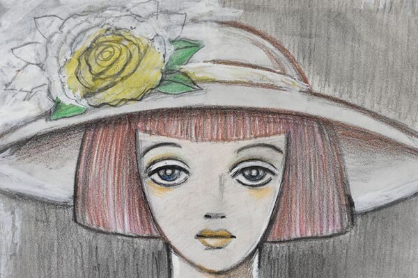  inside wistaria Rene work amount [ flower hat. woman ] pencil color pencil watercolor paper back surface also color pencil .33.5×24.5 Rune Naito