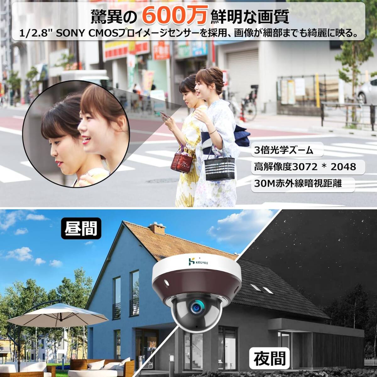 多機能600万画素カメラ4台＋800万画素録画機＋4TB HDD 防犯セット 360°方位 3倍ズーム 音声 防水 工事不要 電源不要 遠隔 動体検知 赤外線