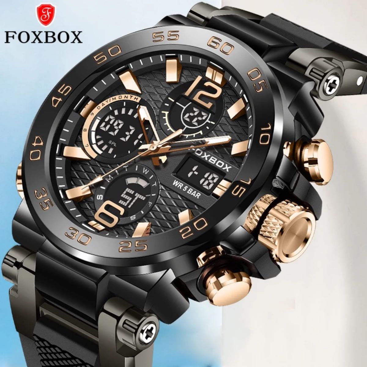 新品 FOXBOX デュアルウォッチ50M防水メンズ腕時計 ラバーストラップ ブラック＆ローズゴールド