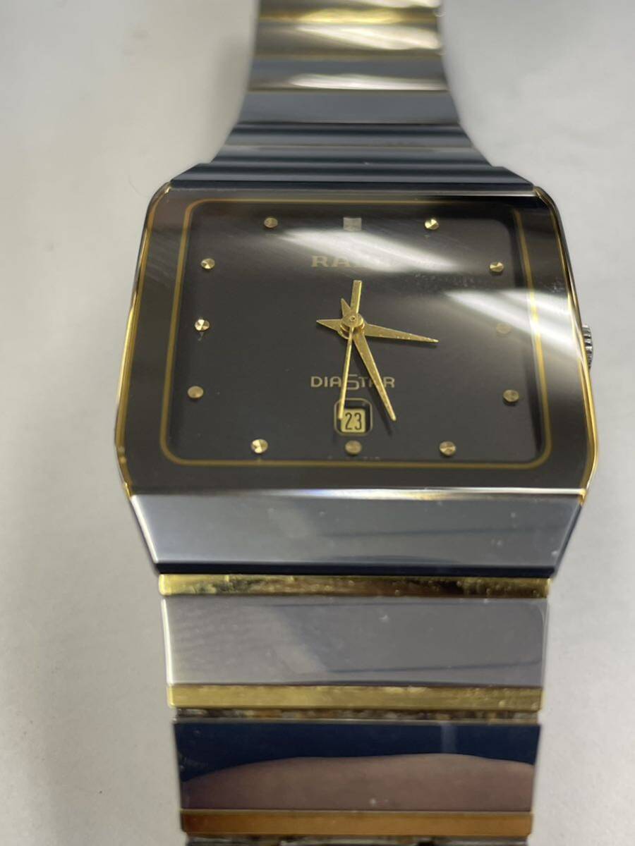 7.稼働品・RADO ラドー DIASTAR ダイヤスター 152.0366.3 クォーツ メンズ腕時計 デイト スクエア 黒文字盤 純正ベルト//KIN30_画像3