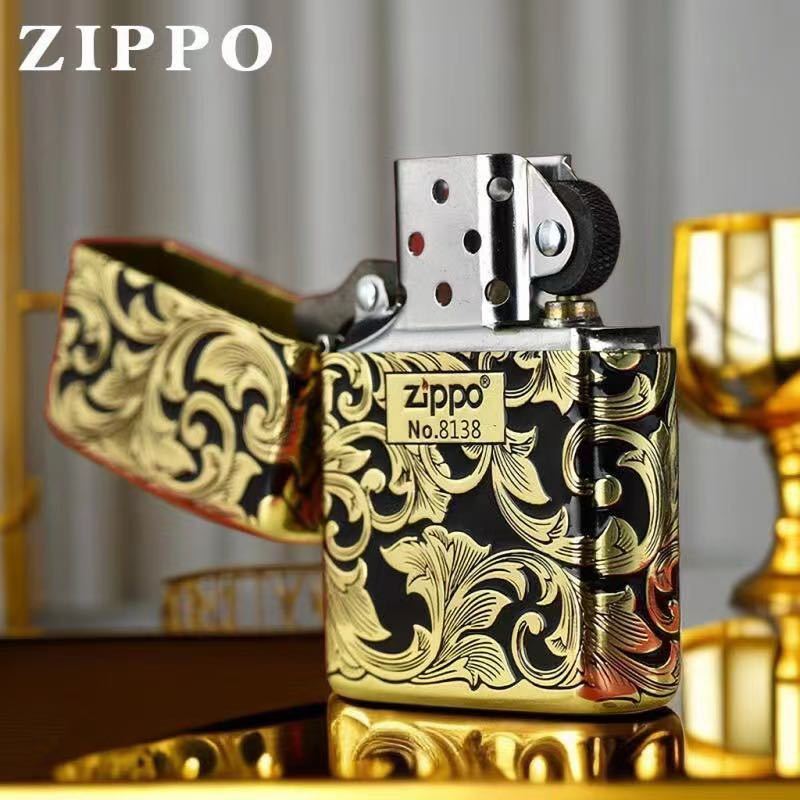 1円 未使用 ZIPPO 唐草彫刻 喫煙グッズ ジッポー 6面刻印 オイルライター 真鍮製 新品 ゴールドX黒_画像6