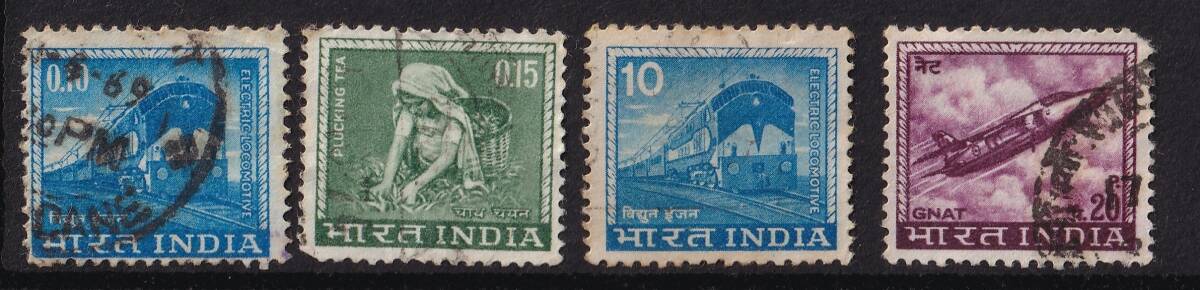 1976年頃/インド/外国切手4枚セット/電車 茶摘み 飛行機/0.10 0.15 10 20P./LOCOMOTIVE PLUCKING TEA GNAT INDIA_画像1