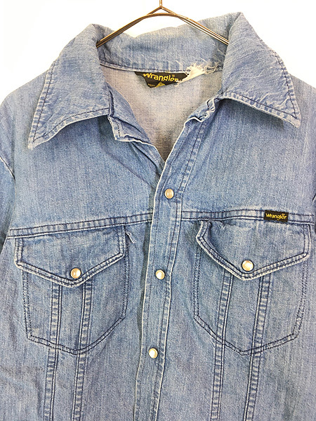 古着 70s USA製 Wrangler 開襟 ブルー デニム ウエスタン シャツ ジャケット L位_画像2