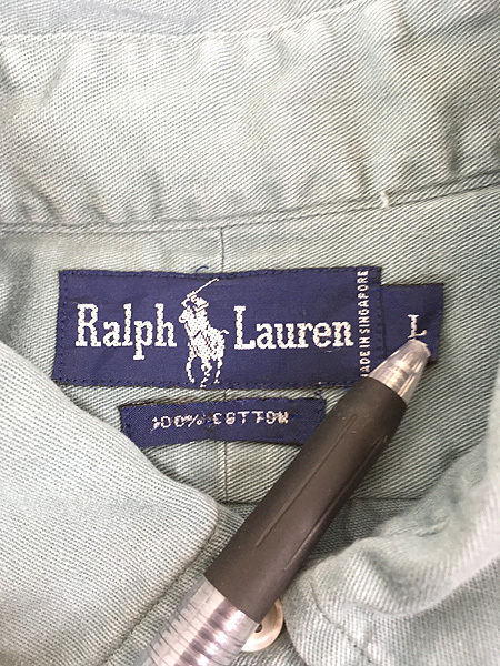古着 90s Ralph Lauren ワンポイント ソリッド コットンツイル BD シャツ ブルーグレー L 古着_画像9