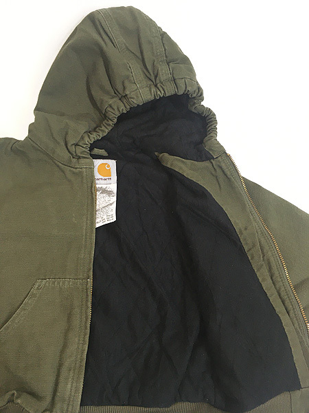 キッズ 古着 90s Carhartt 防寒 裏地キルティング オリーブ ダック ワーク アクティブ パーカー 4歳位 古着_画像5