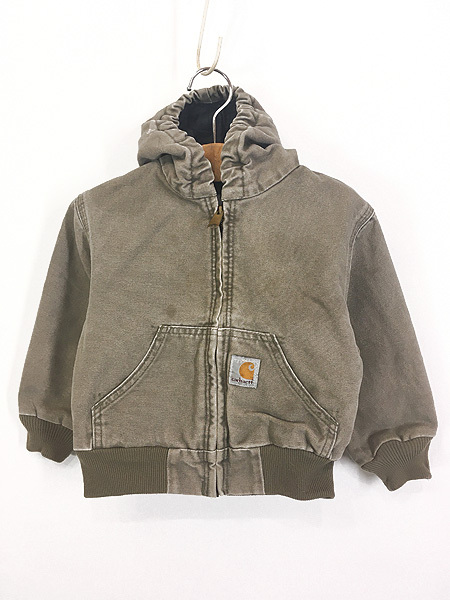 キッズ 古着 00s Carhartt 防寒 裏地キルティング カーキ ダック ワーク アクティブ パーカー 4歳位 古着