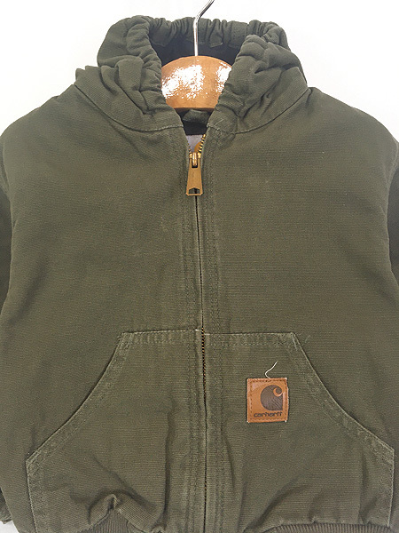 キッズ 古着 90s Carhartt 防寒 裏地キルティング オリーブ ダック ワーク アクティブ パーカー 4歳位 古着_画像2