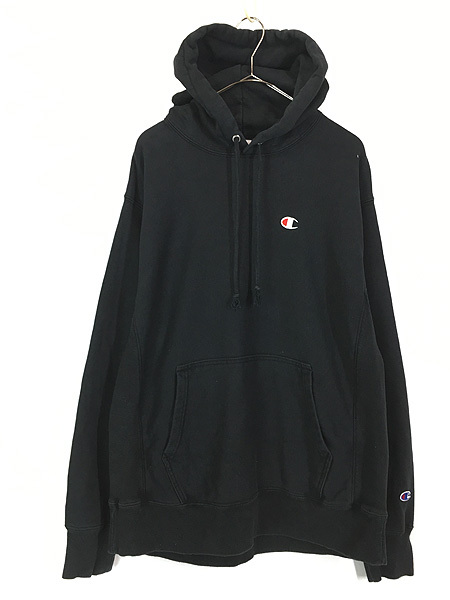 古着 Champion Reverse Weave ワンポイント リバース スウェット パーカー 黒 L 古着