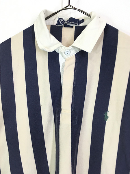 古着 90s Polo Ralph Lauren アイボリー×ネイビー ストライプ ラガー ラグビー シャツ L 古着_画像2