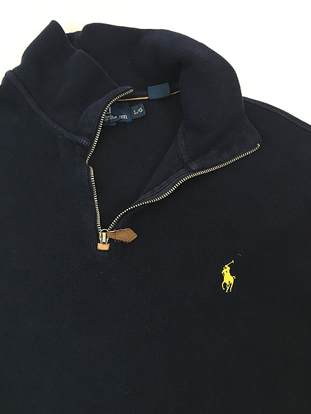 古着 Polo Ralph Lauren ワンポイント ハーフジップ 裾リブなし ハイゲージ コットン ニット セーター 紺 L 古着_画像5