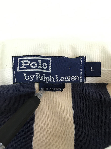 古着 90s Polo Ralph Lauren アイボリー×ネイビー ストライプ ラガー ラグビー シャツ L 古着_画像6