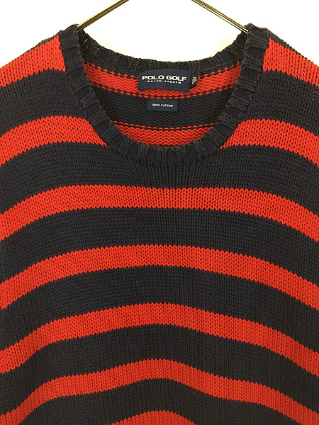 古着 POLO GOLF Ralph Lauren 赤×紺 ワイド ボーダー コットン ニット セーター L 古着_画像2