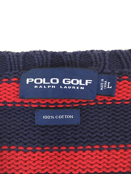 古着 POLO GOLF Ralph Lauren 赤×紺 ワイド ボーダー コットン ニット セーター L 古着_画像5