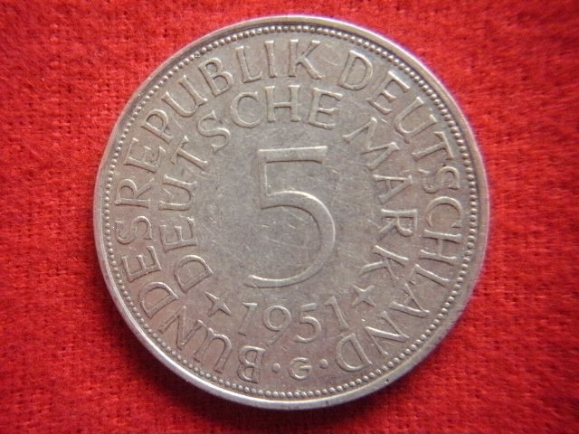 ▽世界の銀貨　West GERMANY 5 MARK 1951-G ( .625 silver )　外径約29.0㎜　量目約11.02g　中古並品～_画像2