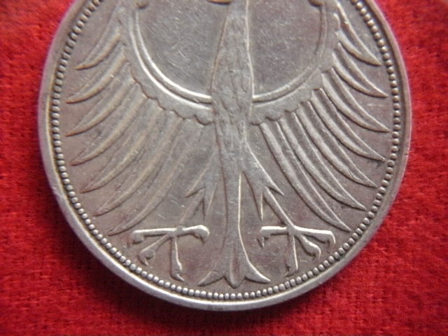 ▽世界の銀貨　West GERMANY 5 MARK 1951-G ( .625 silver )　外径約29.0㎜　量目約11.02g　中古並品～_画像8