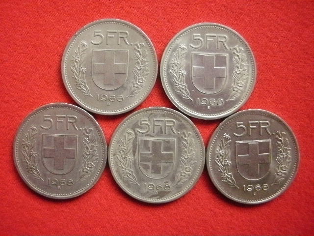 ◎スイスのコイン HELVETICA (SWITZERLAND) 5 FRANCS 白銅貨１６枚一括 数枚青サビあり 総重量約２１０g 中古並品～の画像4