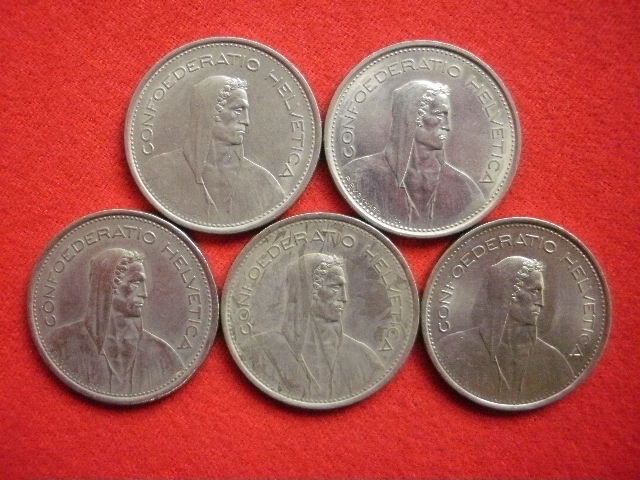 ◎スイスのコイン HELVETICA (SWITZERLAND) 5 FRANCS 白銅貨１６枚一括 数枚青サビあり 総重量約２１０g 中古並品～の画像5