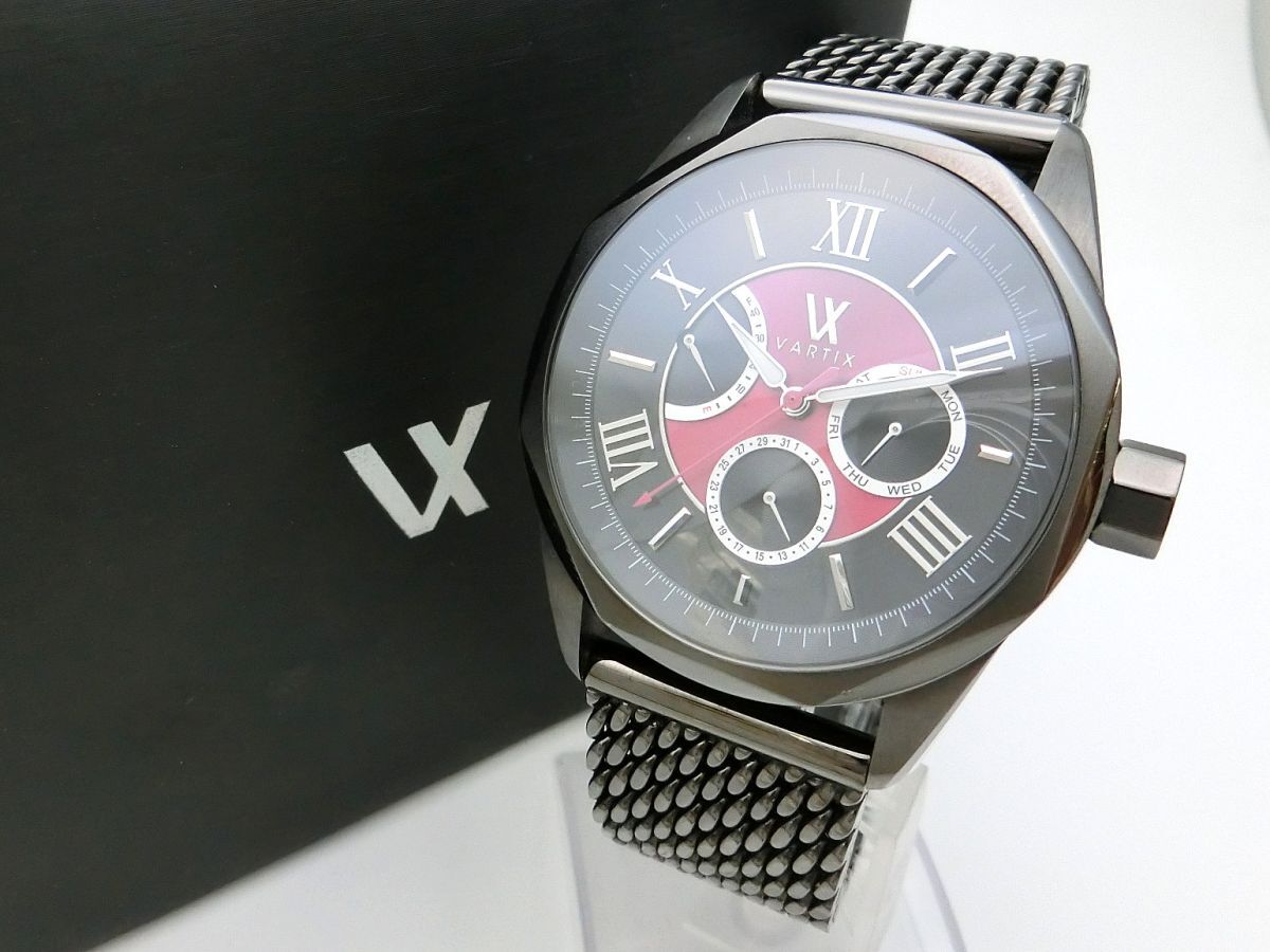 1000円スタート 腕時計 VARTIX ヴァティックス ALIVE テーブルファセット PR02B 自動巻 レッド×ブラック デイデイト 裏スケ 箱付 TKA X231