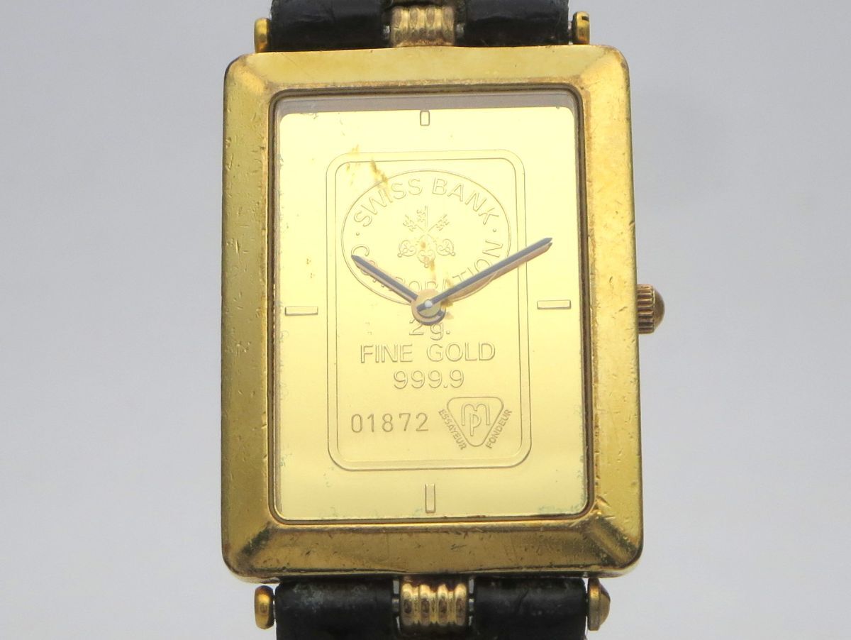 1000円スタート 腕時計 SWISS BANK CORPORATION FINE GOLD 999.9 クオーツ QZ 2針 ゴールド文字盤 レクタンギュラー TEB W60016_画像1