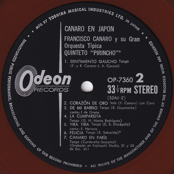 赤盤LP☆ フランシスコ・カナロ イサベル・デ・グラーナ エルネスト・エレーラ（Odeon OP 7360）Red Vinyl FRANCISCO CANARO EN JAPON_画像5