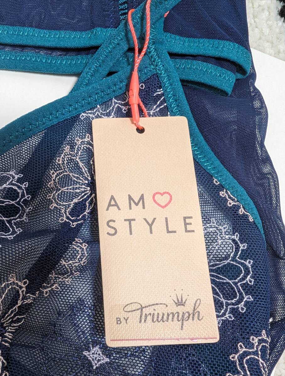 【M】AMOSTYLE BY Triumph 花刺繍キャミソール 紺ネイビー モザイクレース_画像4
