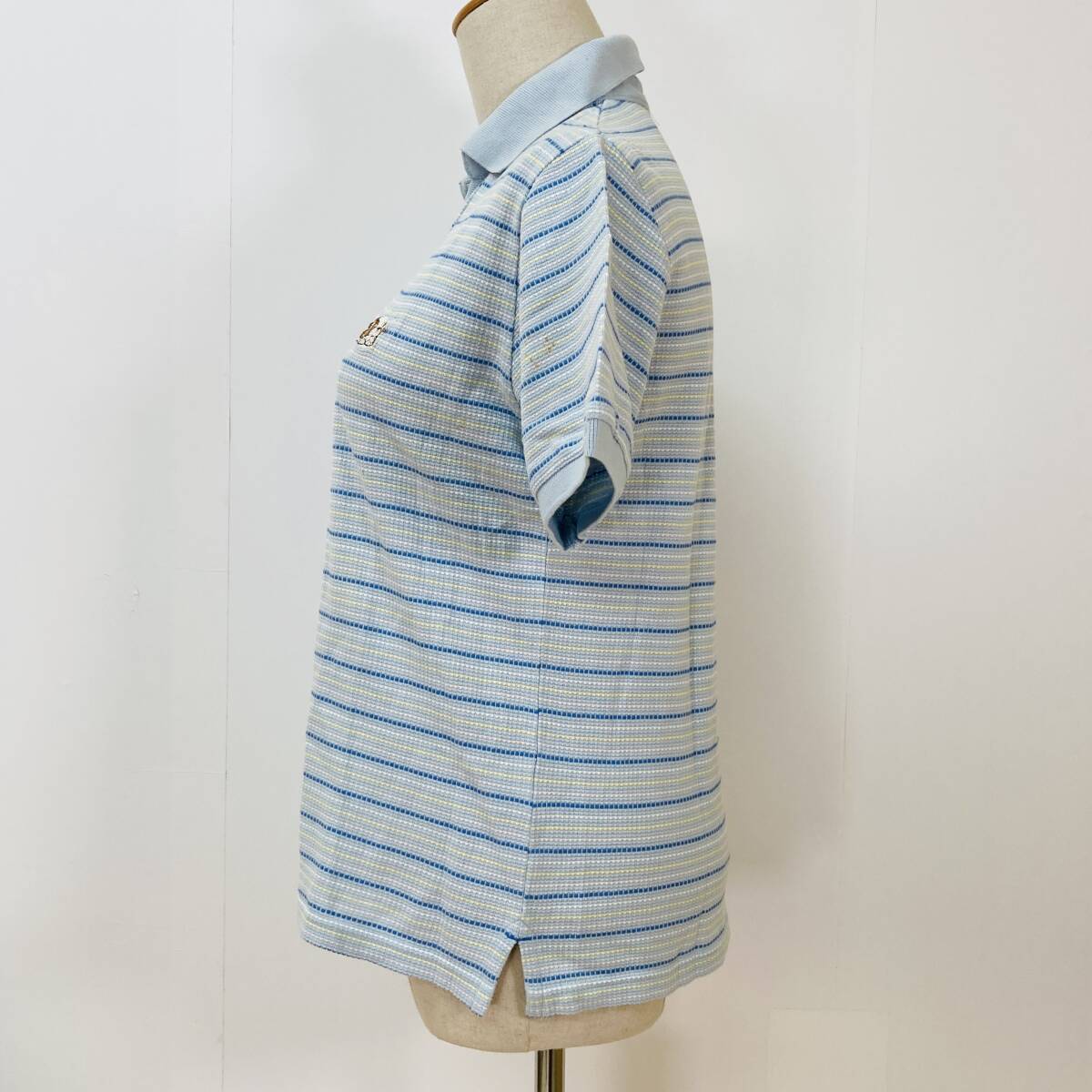YH0265 GuGuWorld グーグーワールド ポロシャツ 半袖 刺繍 サイドスリット M 水色 ボーダー 綿100％ 古着 USED パステルカラープレッピーの画像4
