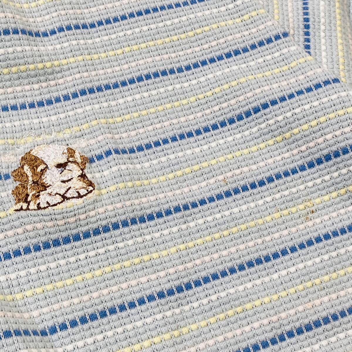 YH0265 GuGuWorld グーグーワールド ポロシャツ 半袖 刺繍 サイドスリット M 水色 ボーダー 綿100％ 古着 USED パステルカラープレッピーの画像9