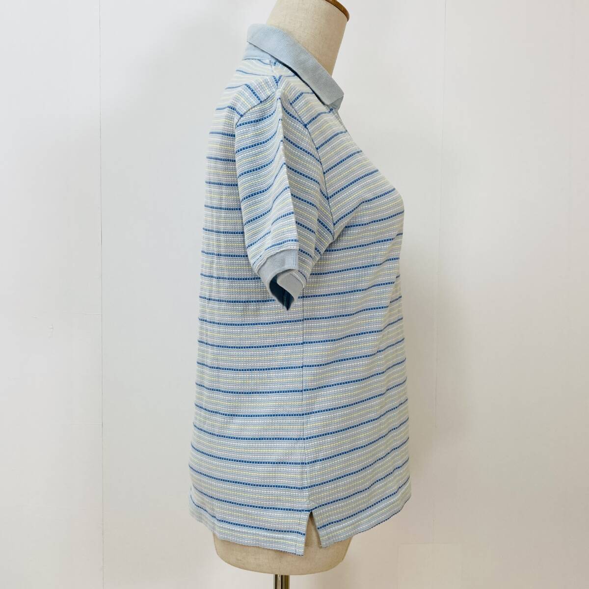 YH0265 GuGuWorld グーグーワールド ポロシャツ 半袖 刺繍 サイドスリット M 水色 ボーダー 綿100％ 古着 USED パステルカラープレッピーの画像2