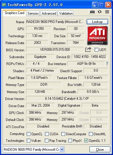 ATI Radeon 9600 Pro Family 128MB Gigabyte GV-R96P128DH AGP 8X ジャンク扱い_画像3