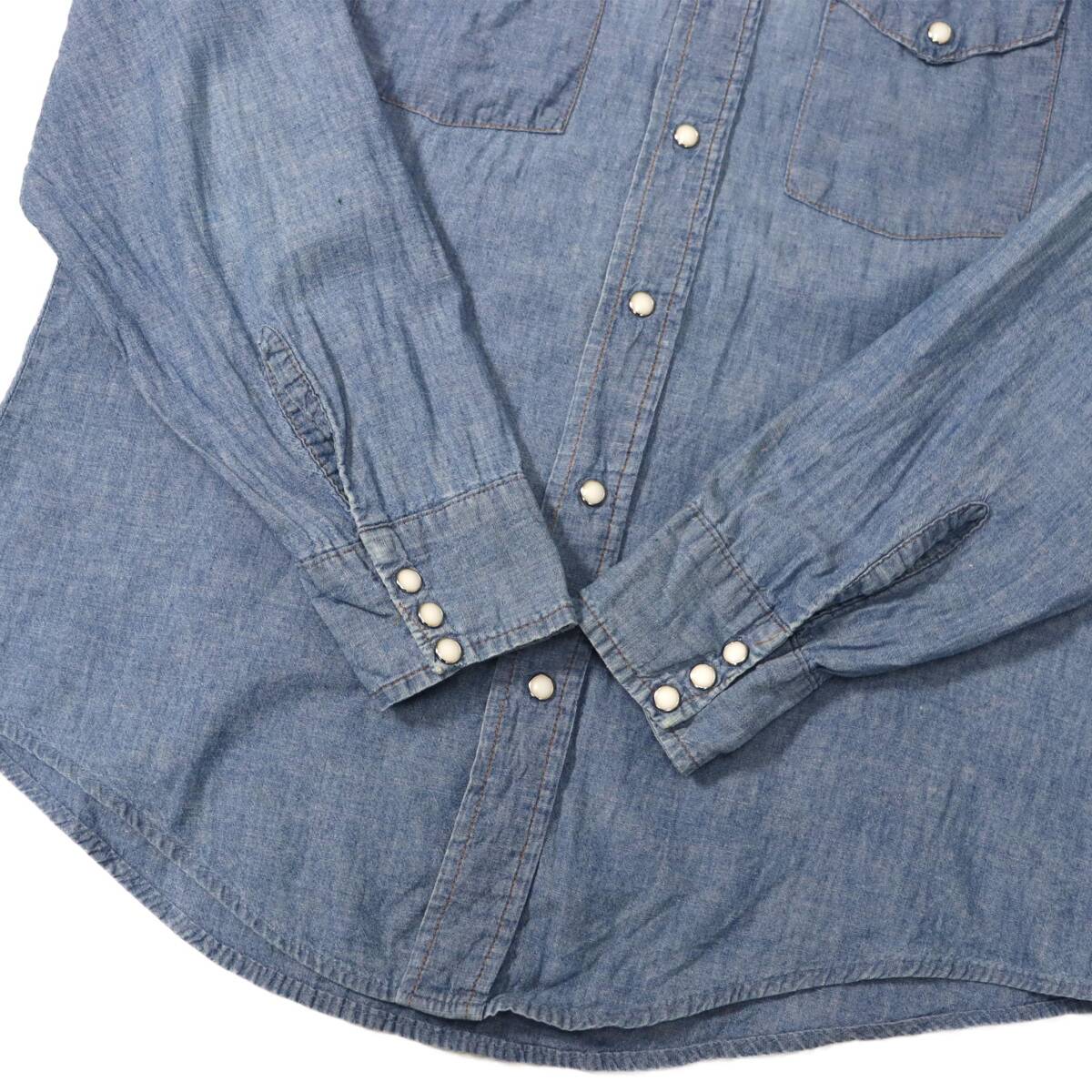[L] 70s 80s Vintage 100 コットン シャンブレー ウエスタン シャツ USA製 ブルー デニム ワーク ビンテージ 60sの画像7