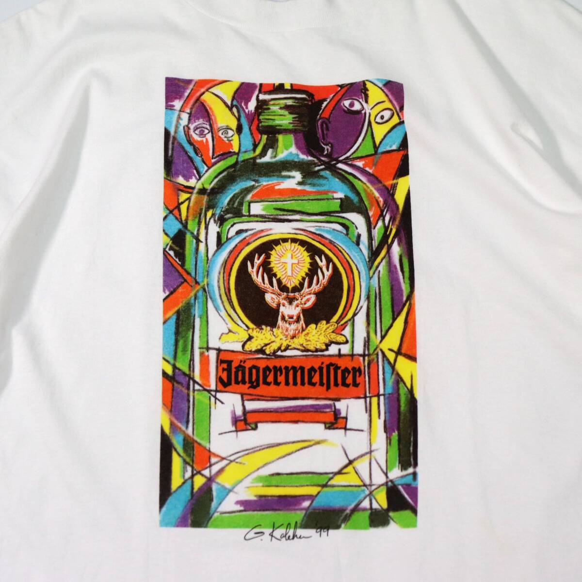 [XL] 99' G.Kalehen Jagermeister ピカソ風 アート プリント Tシャツ 白 Tultex 企業 酒 イエーガーマスター ビンテージ vintage 90s_画像3