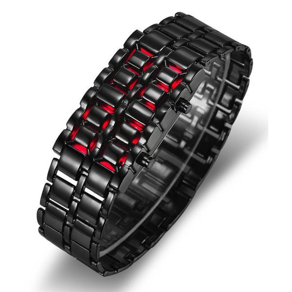 LED デジタル メンズ腕時計 レッドLED クロームブラック ブレスレットタイプ ステンレスバンド 新品 未使用 送料無料 文字盤レス 近未来型の画像4