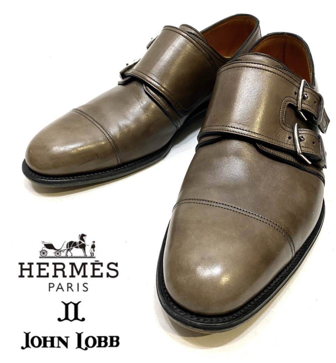 HERMES JOHN LOBB製 LORD ダブルモンク レザーシューズ エルメス×ジョンロブ ドレスshoes ビジネス 革靴 グレージュ 39 1/2 英国製_画像1