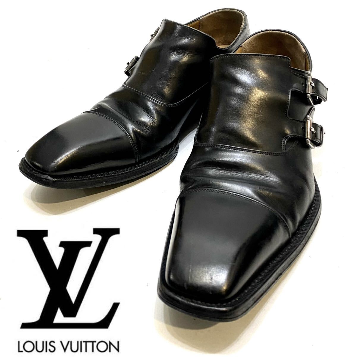 LOUIS VUITTON MENS ダブルモンクストラップ レザーシューズ ルイヴィトン 革靴 ドレスshoes ビジネス ブラック 7 イタリア製 26cm_画像1