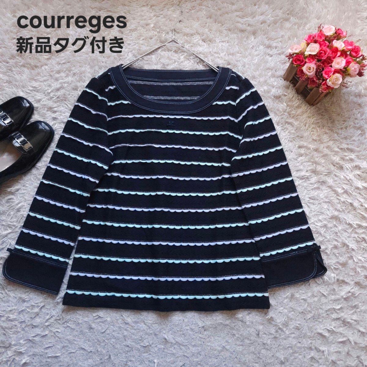 クレージュ courreges  波ボーダー カットソー 7分袖 ロゴ刺繍 ダークネイビー Mサイズ 新品タグ付き