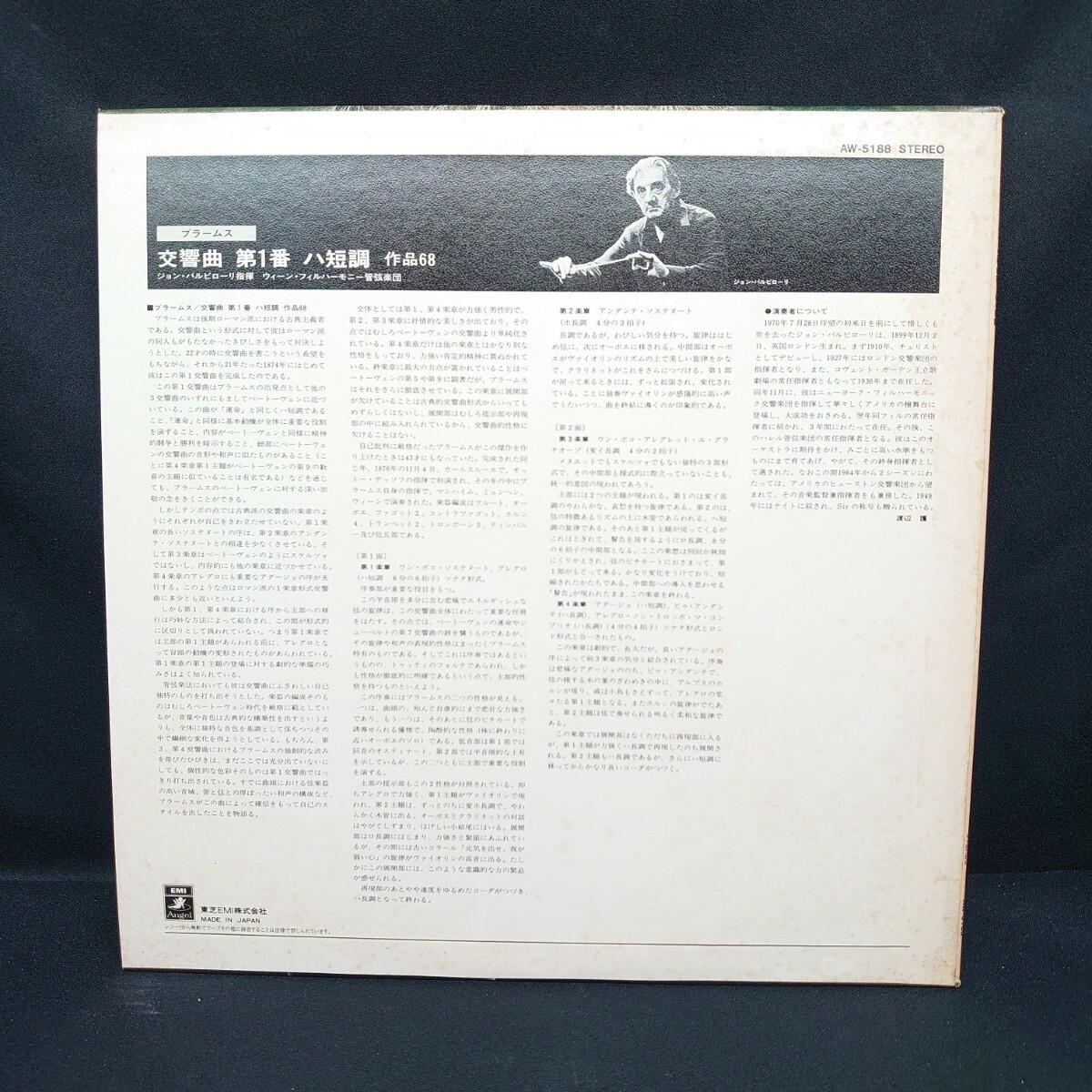 ジョン・パルビローリ『プラームス/交響曲 第1番 作品68』/LP/レコード/#EYLP2057_画像2