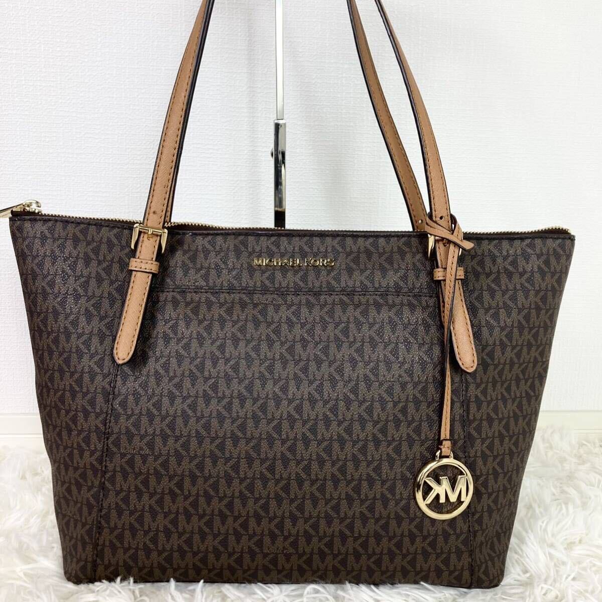 1円【極美品 定価10万】Michael Kors マイケルコース 総柄 サフィアーノ 大容量 A4◎ 肩掛け◎ ビジネス バッグ トート レザー メンズ 茶の画像2