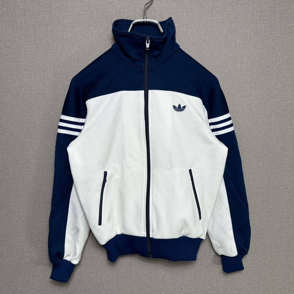 YT1425 【激レア】 80s adidas ヴィンテージ アディダス トラックジャケット サイズ152cm デサント製 キッズ 人気カラー ATS-44JF 白青の画像1