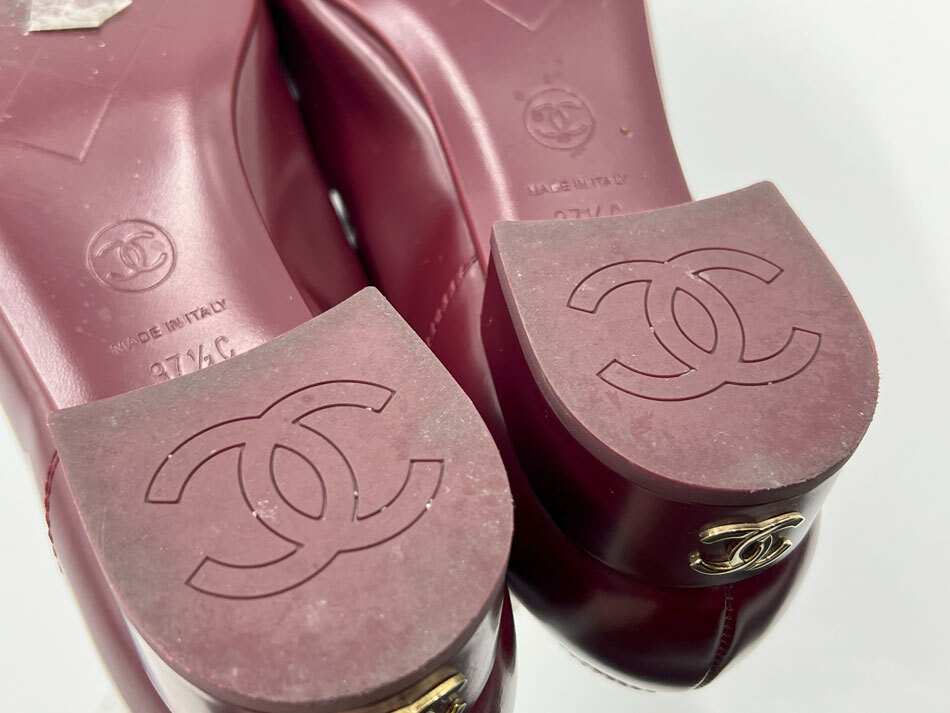 CHANEL シャネル レディース ローファー シャイニーカーフスキン ロゴマーク ボルドー サイズ：371/2 23B G45123 B14026 NR295 美品