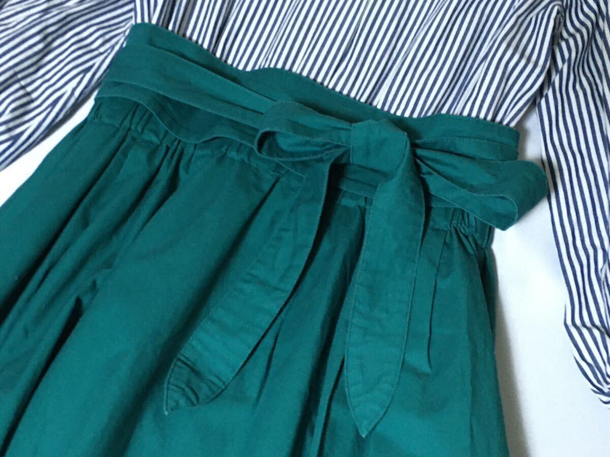 美品 ブルーレーベルクレストブリッジ ストライプのブラウスにグリーンのスカートが爽やかなドッキングワンピース 38 送料230円♪_画像7