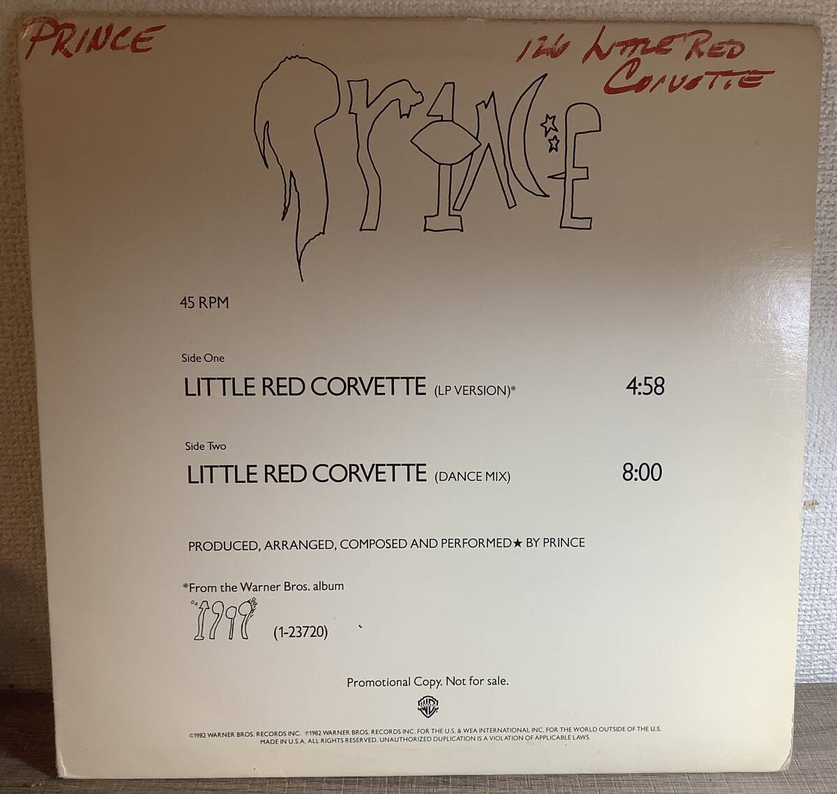 【送料込】【1982 US Promo】Prince - Little Red Corvette 12” Vinyl 45RPM_画像1